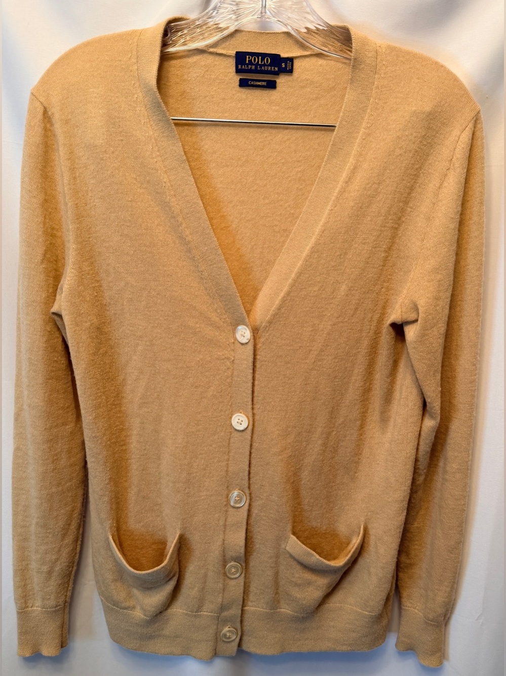 Polo Ralph Lauren Women’s Small 100% Cashmere Pocket Front Button Cardigan Tan